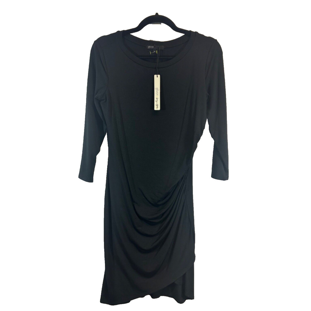 NEW Gibson Black 3/4 Sleeve Ruched Side Jersey Knit Bodycon Dress Women's XS D51